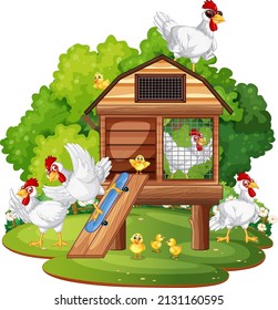 An isolated scene with a group of chickens in cartoon style illustration