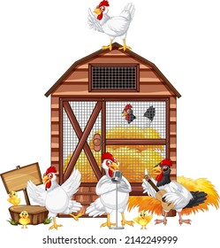 An isolated scene with a group of chickens in cartoon style illustration