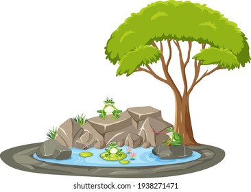 Isolated scene with many frog around the pond illustration
