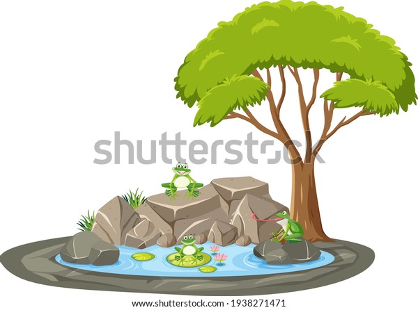 Isolated scene with many frog around the\
pond illustration