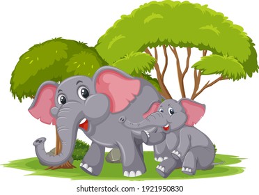 Isolated scene with mom and young elephants illustration