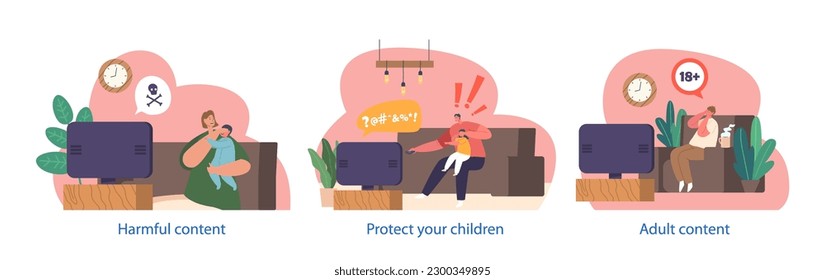 Isolated Scenes with Parent Characters Shielding Children From Dangerous Censored Tv Information. Family Protect Kids