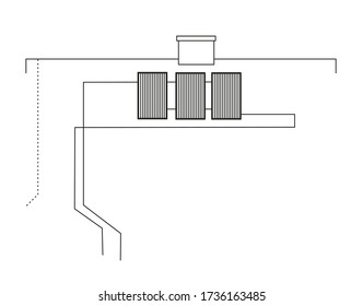 Isolated scheme of solar panels thermal installation. Black line vector technic illustration.