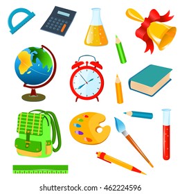 Isolated school accessories on a white background. Vector set illustration. Items for school and insitute.Educational and web design concept.