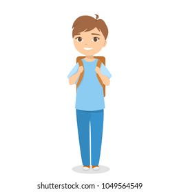 Isolated school boy with backpack on white.