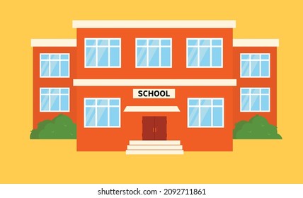 Isolated school building. Landscape with grass and clouds. Urban exterior.
