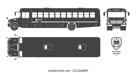 Isolated school bus black silhouette. Blueprint of municipal transport. Top, side, front vehicle view. Academy lorry drawing. Industrial clipart. Vector illustration