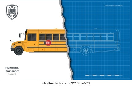 Isolated school bus drawing. 3d outline blueprint of municipal transport. Top, side, front vehicle view. Academy orange lorry. Industrial clipart. Vector illustration