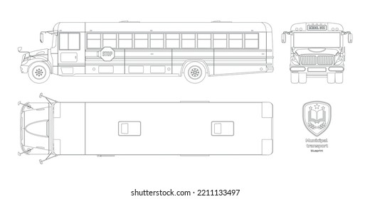 Isolated school bus drawing. Outline blueprint of municipal transport. Top, side, front vehicle view. Academy lorry. Industrial clipart. Vector illustration