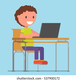 isolated. schoolboy, student, boy, child working with a computer laptop. Vector illustration. Flat design style