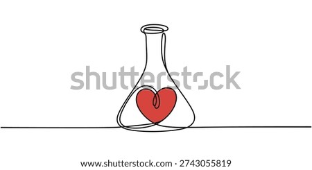 Isolated Scientific Flask with Red Heart Inside continuous one line drawing, Beaker Lab round flask with chemical substance inside and Bubbles for logo design illustration in a heart shape love icon