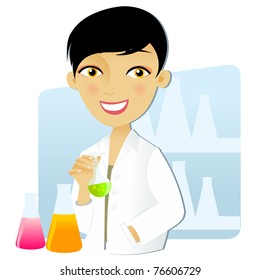 Isolated scientist woman in lab coat with chemical glassware