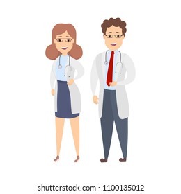 Isolated scientists couple in uniform on white background.