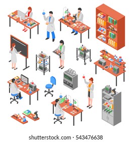 Isolated scientists laboratory isometric elements set with colorful equipment worker characters laboratory benches workplaces and furniture vector illustration