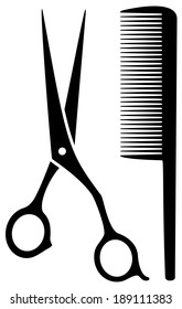 isolated scissors and comb black silhouette on white background