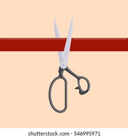 Isolated scissors with red ribbon. Concept of opening ceremony or presentation.