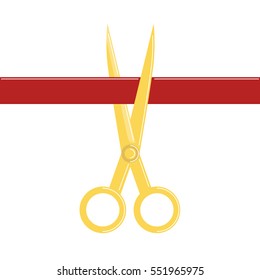Isolated scissors with red ribbon. Concept of opening ceremony, inauguration or presentation.