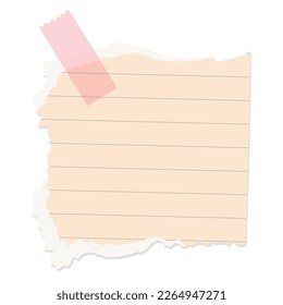 Isolated Scrap of yellow lined paper or cardboard with tape. Vector design element for scrapbooking or collage.