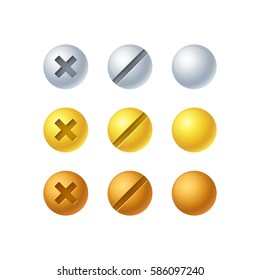 Isolated screw set in 3 colors - silver, gold and bronze. Vector design elements, shiny metallic buttons.