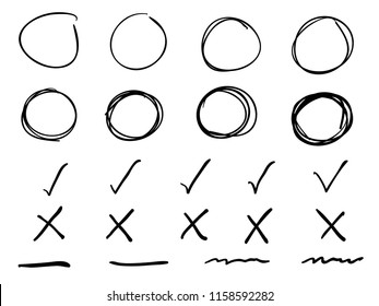 isolated scribble childish hand drawn set of circles, right, wrong signs and underline, hilight lines for writing style usage. vector design