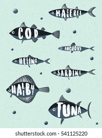 Isolated sea fishes silhouettes  with names inside. Tuna, herring, anchovy, sardine, mackerel, cod,halibut. Bubbles.  Design concept for fish restaurant. 