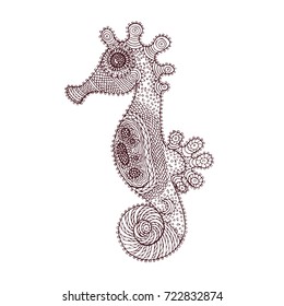 Isolated sea horse in zentangle style Hand drawn hippocampus on white background Wonderful sea dweller vector sketch. Card design Pattern for adult coloring book. Brown and white. Line art