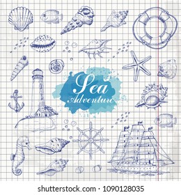 Isolated sea objects on paper background. Shells, starfish, anchor, lighthouse, fish, ship. Vector illustration for your design
