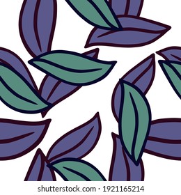 Isolated seamless abstract botanic pattern with purple and turquoise colored leaf print. White background. Designed for fabric design, textile print, wrapping, cover. Vector illustration.