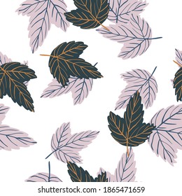 Isolated seamless abstract pattern with purple and green outline leaf elements. White background. Perfect for fabric design, textile print, wrapping, cover. Vector illustration.