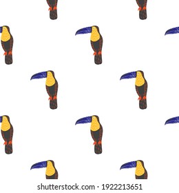 Isolated seamless animal tropic bird pattern with doodle colorful toucan bird print. White background. Flat vector print for textile, fabric, giftwrap, wallpapers. Endless illustration.