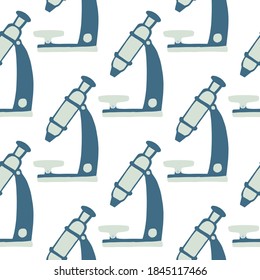 Isolated seamless biologe pattern with microscope silhouettes. Medicine tools ornament in blue colors. Decorative backdrop for wallpaper, textile, wrapping paper, fabric print. Vector illustration.