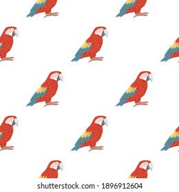 Isolated seamless bird pattern with bright doodle red parrot ara print. White background. Zoo backdrop. Stock illustration. Vector design for textile, fabric, giftwrap, wallpapers.