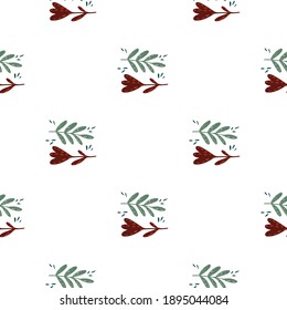 Patrón botánico aislado sin fisuras con ramas verdes y siluetas simples de flores rojas. Ilustración vectorial para impresiones textiles estacionales, tela, carteles, telas de fondo y papel pintado.