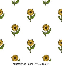 Isolated seamless botanical pattern with simple yellow sunflower silhouettes. White background. Graphic design for wrapping paper and fabric textures. Vector Illustration.