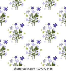 Isolated seamless bouquet silhouettes pattern. White background with blue and dark floral elements. Vector illustration for textiles, wallpaper, surface design, card, wedding invitations.