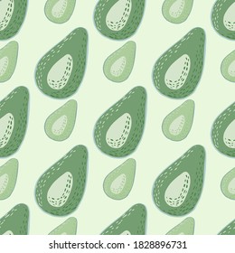 Isolated seamless cartoon pattern with avocado half silhouettes. Simple fruit print in green palette on white background. Perfect for wallpaper, textile, wrapping paper, fabric. Vector illustration.