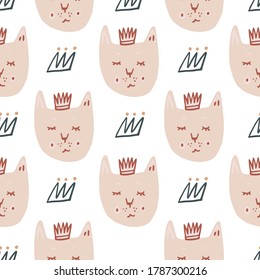 Isolated seamless cat doodle pattern with navy blue contoured crowns. Pastel pink pets faces on white background. For wallpaper, wrapping paper, textile print, fabric. Vector illustration.