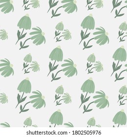 Isolated seamless chamomile flowers pattern. Light turquoise elements on white background. Designed for wallpaper, textile, wrapping paper, fabric print. Vector illustration.