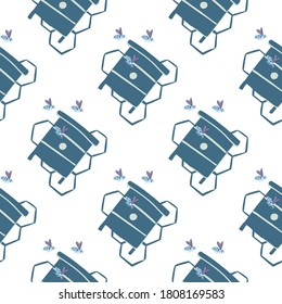 Isolated seamless doodle pattern with beehive silhouettes. Navy blue ornament with bees on white background. Designed for wallpaper, textile, wrapping paper, fabric print. Vector illustration.