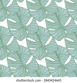 Isolated seamless doodle pattern with blue contoured monstera shapes. White background. Foliage tropical artwork. Decorative backdrop for fabric design, textile, wrapping, cover. Vector illustration