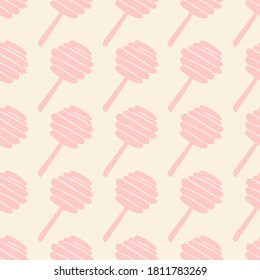 Isolated seamless doodle pattern with hand drawn honey spoon silhouettes. Light pink ornament on white background. Designed for wallpaper, textile, wrapping paper, fabric print. Vector illustration.
