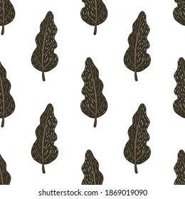 Isolated seamless doodle pattern with hand drawn brown dark trees. White background. Stock illustration. Vector design for textile, fabric, giftwrap, wallpapers.