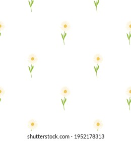 Isolated seamless doodle pattern with little cute pink chrysanthemum ornament. White background. Botanic style. Stock illustration. Vector design for textile, fabric, giftwrap, wallpapers.