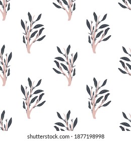Isolated seamless doodle pattern with navy blue and pink colored leaf branches ornament. Flat vector print for textile, fabric, giftwrap, wallpapers. Endless illustration.