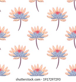 Patrón de doodle sin soldadura aislado con formas de flor de crisantemo rosa y azul. Ilustración vectorial para impresiones textiles estacionales, tela, carteles, telas de fondo y papel pintado.