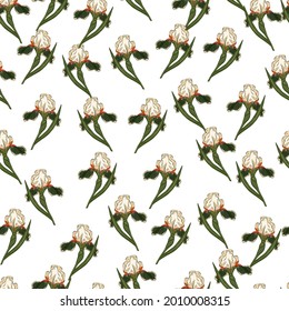 Isolated seamless doodle pattern with random little green iris flowers ornament. White background. Vector illustration for seasonal textile prints, fabric, banners, backdrops and wallpapers.