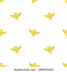 Isolated seamless doodle pattern with simple yellow bird silhouettes. White background. Vector illustration for seasonal textile prints, fabric, banners, backdrops and wallpapers.