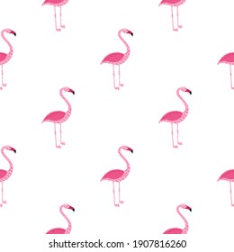 Patrón animal exótico sin soldadura aislado con siluetas de flamingo rosado doodle. Fondo blanco. Ilustración vectorial para impresiones textiles estacionales, tela, carteles, telas de fondo y papel pintado.