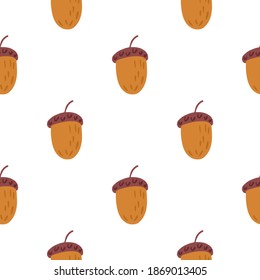 Isolated seamless food pattern with doodle acorn elements. Brown ornament on white background. Designed for fabric design, textile print, wrapping, cover. Vector illustration.