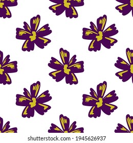 Isolated seamless hand drawn pattern with bright purple flowers elements. White background. Stock illustration. Vector design for textile, fabric, giftwrap, wallpapers.